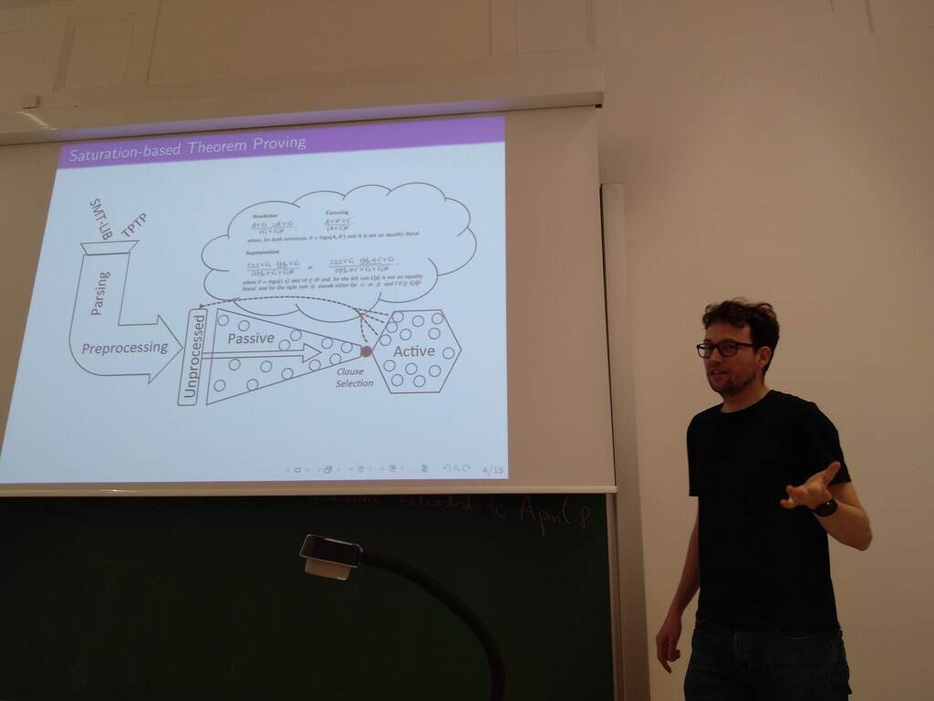 Martin Suda explaining saturation-based proof search with a large diagram